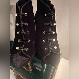 Vince Camuto, black peep toe booty with gold buttons square heel. Size 8 1/2.